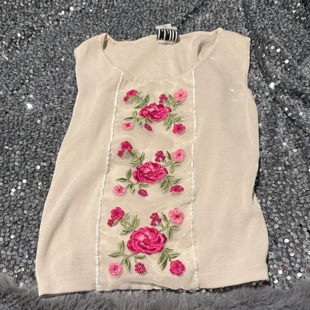 Clio Cream Blouse with Pink Floral Embroidery